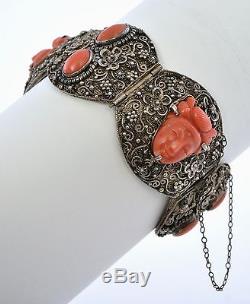 Chinese Natural Undyed Red Coral Carved Lady Face Silver Filigree Bracelet Mk