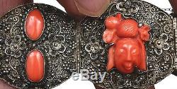 Chinese Natural Undyed Red Coral Carved Lady Face Silver Filigree Bracelet Mk