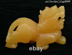 Chinese Natural Yellow Jade Carving Pixiu Brave troops Unicorn Beast Statue Pair