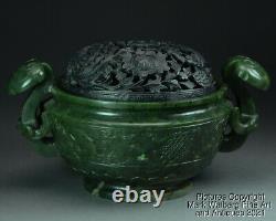 Chinese Nephrite Spinach Jade Censer, Incense Burner, Ruyi Handles, 18/19th C