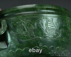 Chinese Nephrite Spinach Jade Censer, Incense Burner, Ruyi Handles, 18/19th C