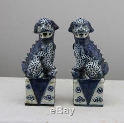 Chinese Old Pair Blue And White Porcelain Foo Dogs Statues