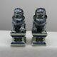 Chinese Old Pair Marked Blue And White Porcelain Foo Dogs Statues
