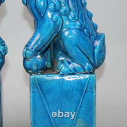 Chinese Old Pair Marked Blue Glaze Porcelain Foo Dog Statues