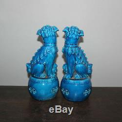 Chinese Old Pair Marked Blue Glaze Porcelain Foo Dogs Statues