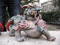 Chinese Old WuCai porcelain talisman Foo Dog Lion beast kylin Kilin Kirin Pair