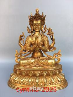 Chinese Old antiques Pure copper gilding Statue of four arm Guanyin Tara Buddha