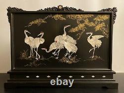 Chinese Oriental Vintage Black Lacquer Fire Screen with Mother Of Pearl Inlaid