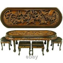 Chinese Oval Coffee Table with Hand-Carved Battle Scene and Six Stools