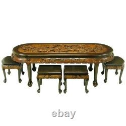 Chinese Oval Coffee Table with Hand-Carved Battle Scene and Six Stools
