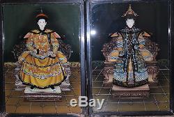 Chinese Pair of Reverse Glass Paintings Emperor & Empress Circa 1920s