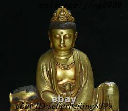 Chinese Purple Bronze Gold Sit Lion Beast Kwan-yin Guan Yin Boddhisattva Statue