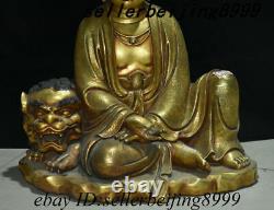 Chinese Purple Bronze Gold Sit Lion Beast Kwan-yin Guan Yin Boddhisattva Statue