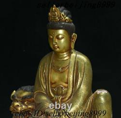 Chinese Purple Bronze Gold Sit Lion Beast Kwan-yin Guan Yin Boddhisattva Statue