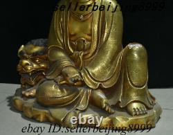 Chinese Purple Bronze Gold Sit Lion Beast Kwan-yin Guan Yin Boddhisattva Statue