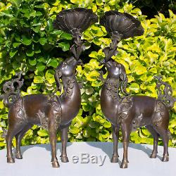 Chinese Qianlong Bronze Deer Candle Holders Candlesticks Figure Statue Censer