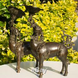 Chinese Qianlong Bronze Deer Candle Holders Candlesticks Figure Statue Censer