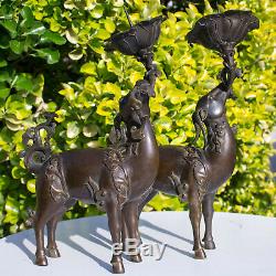 Chinese Qianlong Bronze Deer Candle Holders Candlesticks Figure Statue Censer