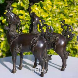 Chinese Qianlong Bronze Deer Candle Holders Candlesticks Figure Statue Censer