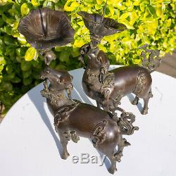 Chinese Qianlong Bronze Deer Candle Holders Candlesticks Figure Statue Censer