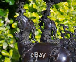 Chinese Qianlong Bronze Deer Candle Holders Candlesticks Figure Statue Censer