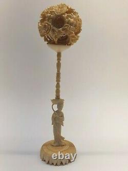 Chinese Qing Dynasty Antique Canton Ornate Carved Ball Puzzle With Stand C1880