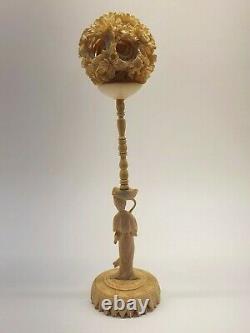 Chinese Qing Dynasty Antique Canton Ornate Carved Ball Puzzle With Stand C1880