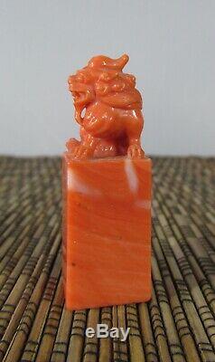 Chinese Qing Dynasty Red Coral Foo Lion Dog miniature 2 inch antique Seal Chop