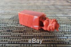 Chinese Qing Dynasty Red Coral Foo Lion Dog miniature 2 inch antique Seal Chop