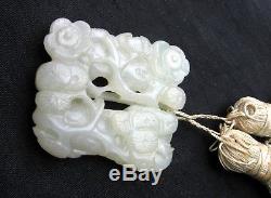 Chinese Qing deeply carved Heitan jade -scratches glass- pendant & tassel