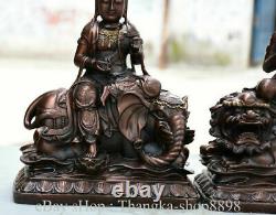 Chinese Red Bronze Wenshu Manjushri Samantabhadra On Elephant Lion Statue Pair