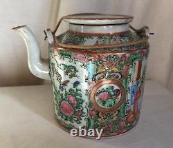 Chinese Rose Medallion teapot +cup in travelling basket. Original label, 1920's