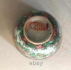 Chinese Rose Medallion teapot +cup in travelling basket. Original label, 1920's