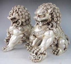 Chinese Silver Guardian Lion Foo Fu Dog Statue Pair