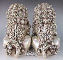 Chinese Silver Guardian Lion Foo Fu Dog Statue Pair