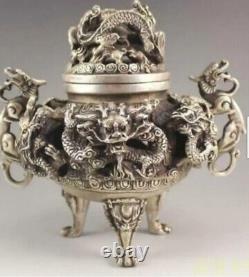 Chinese Tibet Silver Nine Dragons Incense Burner Statue Qianlong Mark