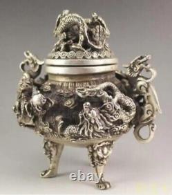 Chinese Tibet Silver Nine Dragons Incense Burner Statue Qianlong Mark