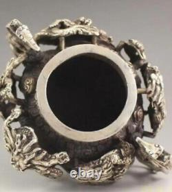 Chinese Tibet Silver Nine Dragons Incense Burner Statue Qianlong Mark