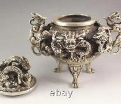 Chinese Tibet Silver Nine Dragons Incense Burner Statue Qianlong Mark