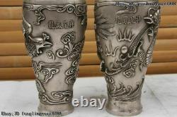 Chinese White Copper Silver Fengshui Dragon Phoenix Royal Bottle Pot Vase Pair