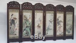 Chinese Wood Carved 6 Artist Ink Watercolour Painting Panel Folding Table Screen