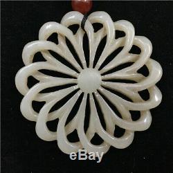 Chinese antique Natural hetian old jade hollow out handcarved flower Pendant