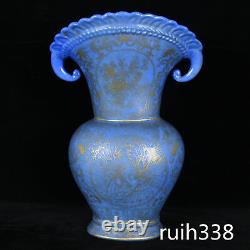 Chinese antique Qing Dynasty Qianlong Blue glaze Golden phoenix pattern bottle