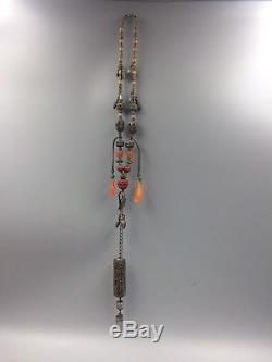 Chinese antique Qing Dynasty silver necklace jade, carnelian, agate, wood