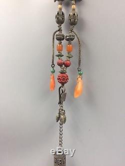 Chinese antique Qing Dynasty silver necklace jade, carnelian, agate, wood