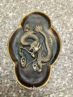 Chinese antiques Fengshui copper ware Bronze Dragon relief inkstone
