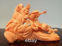 Chinese carved antique coral statue rabbit lady Guanyin