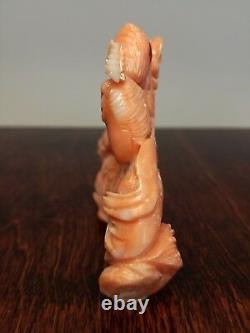 Chinese carved antique coral statue rabbit lady Guanyin