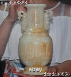 Chinese dynasty old jade Carved double Dragon beast ear Zun Bottle Pot Vase Jar