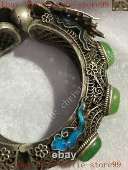 Chinese dynasty silver Enamel Dragon inlay green jade Exorcism amulet bracelet